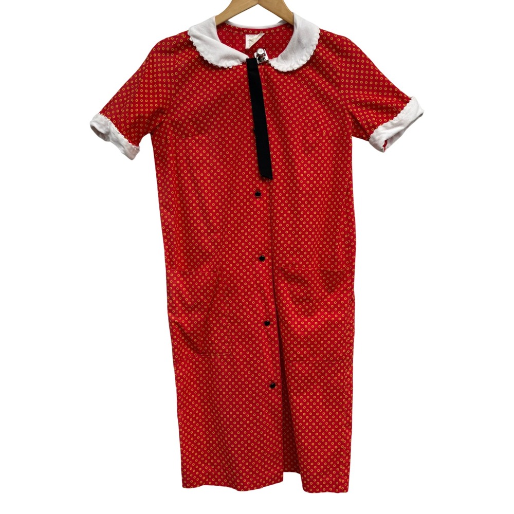 Vintage Red Floral Cotton Smock house Dress Peter Pan Collar Button Size 12 USA